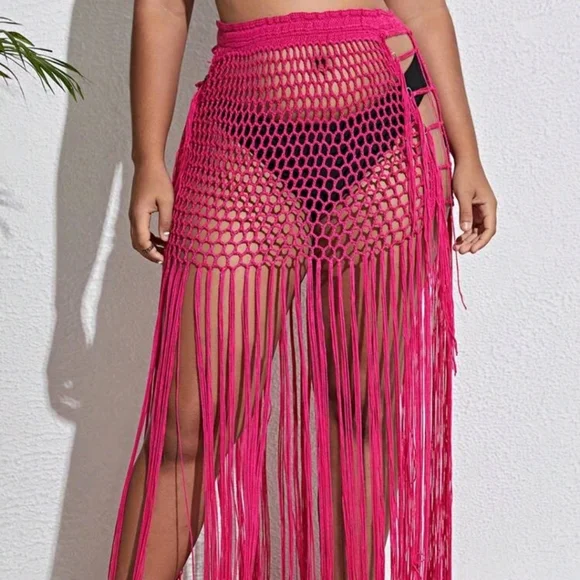 Pink Crochet Fringe Swimsuit  Cover up Skirt - Picture 10 of 13
